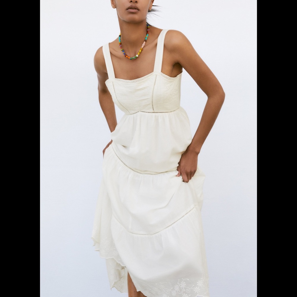 Zara Pintuck Tiered Midi Dress in Ecru - size XS